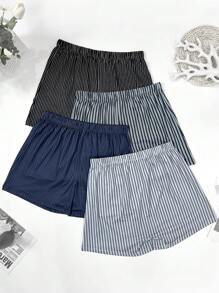 4pcs Men's Striped Print Boxer Briefs, Elastic Loose Fit Undershorts, Breathable Thin Trunks, Multi-Color Combination Set With Elastic Waistband