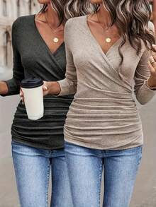 Elegant Long Sleeve T-Shirt] 2-Pack Women's Elegant Long Sleeve V-Neck T-Shirt With Side Pleats | Solid Color, Regular Fit, Comfortable Pullover For Spring/Autumn New Year Valentine's - 彩色 - 查看 1
