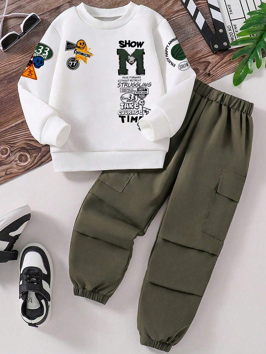Conjunto de pantalones y top de manga larga con cuello redondo y estampado de letras para niños preadolescentes