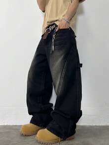 Hearty Haven 1件装复古美式高街刺绣拼接休闲男士宽松阔腿牛仔裤，做旧水洗，时尚百搭牛仔裤（不含腰带和配饰） - 黑色 - 查看 6