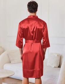 Mens Satin Robe Lightweight Silky Kimono Bathrobe 3/4 Sleeve Spa Knee Length Loungewear With Pockets S-3XLhalloween - Red - View 4