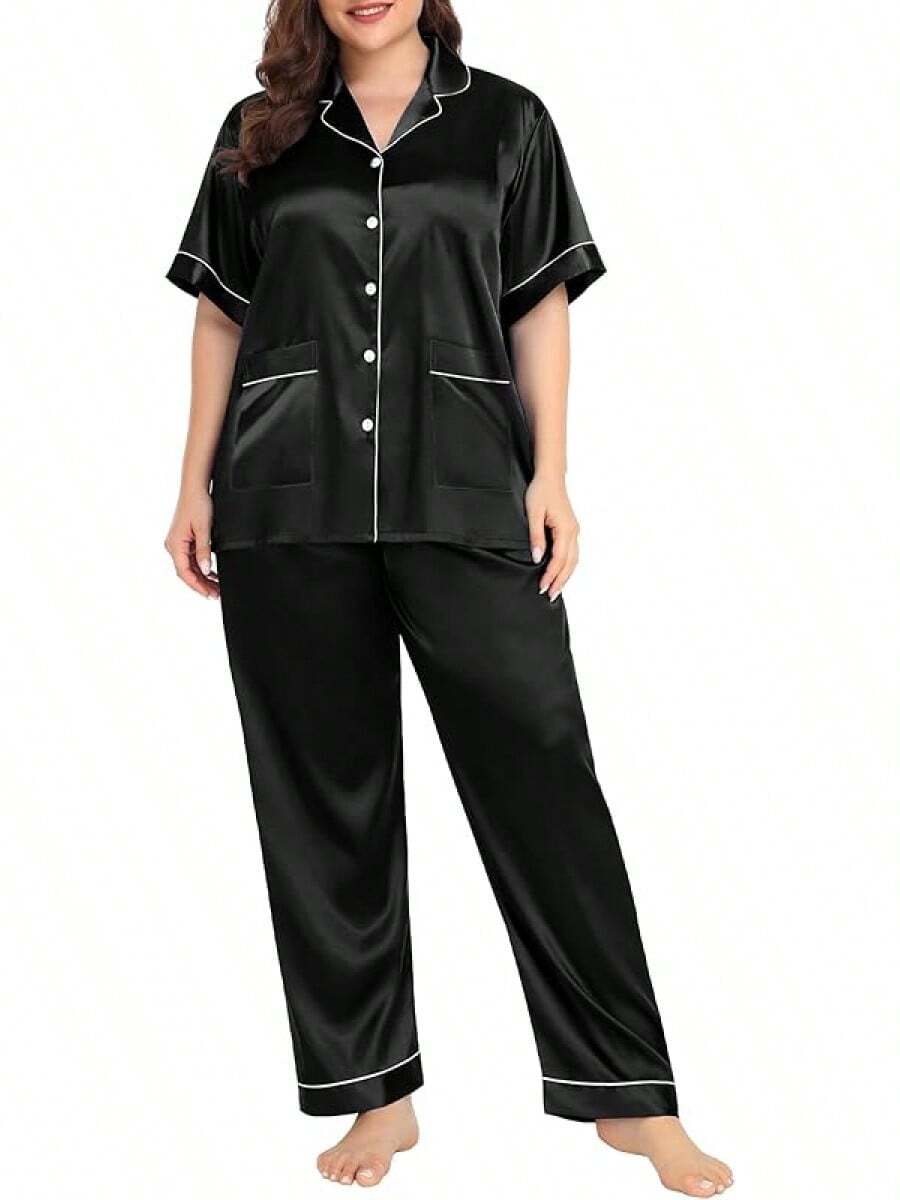 SWOMOG Women's Plus Size Silk Satin Pajama Set Short Sleeve Shirt With Full-Length Pants Pjs Sleepwear Set 18W-26W - Two Pockets-carbon Black - View 1