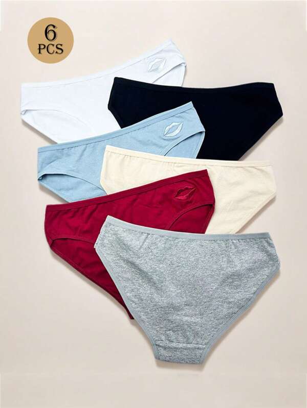 6pcs Women Embroidered Lip Print Breathable Antibacterial Bikini Panties