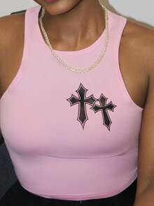 Steph T Pink Crop Cross Pattern Casual Round Neck Women's Tank Top, Summer