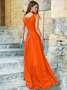 Vestido Largo con Escote en V o Pico Profundo con Detalle de Lazos Ajustables y Abertura en Pierna Elegante para Mujer - Naranja - Ver 3