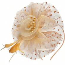 Derby Fascinators Women High Tea Party Hat Wedding Cocktail Flower Headware With Mesh And Feathers - Gold & Beige - View 1