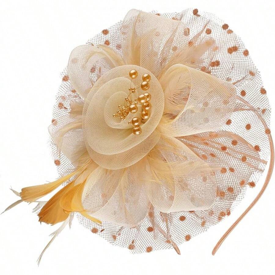 Derby Fascinators Women High Tea Party Hat Wedding Cocktail Flower Headware With Mesh And Feathers - Gold & Beige - View 1