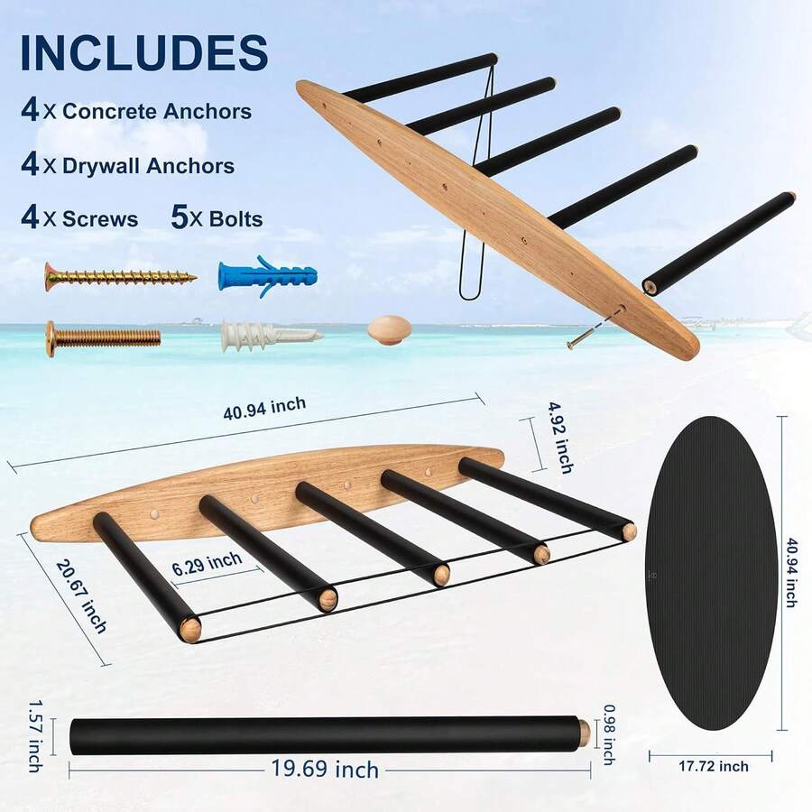 Vertical Surfboard Rack - Surf Racks For Wall, Wooden Surf Board Holder With Rubber Mat, Wall Mount Storage, Vertical Paddle Board & Garage Stand (5 Arms / 4-5 Boards) - Black and White - View 1