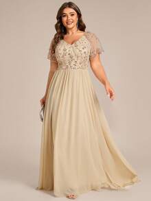 EVERPRETTY Plus Elaborate Embroidered Sequin Applique V Neck Short Sleeves Evening Dress For Dinner Party Fall Wedding Guest Dresses Champagne Bridesmaid Dresses