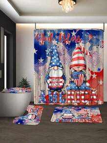 1/4 Stücke 4. Juli Duschvorhang Set, amerikanische Flagge Duschvorhang mit USA Unabhängigkeitstag Zwerg Muster, Stern- und Streifendesign, Badezimmer Set mit 12 Haken, inklusive Badematte, Toilettenmatte, U-förmige Matte, Memorial Day und Unabhängigkeitstag Badezimmer Dekoration, Geschenkidee für sich selbst, Freunde und Familie