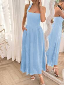 Unadell Women's Hanging Neck, Backless Zipper, Pleated Casual Elegant Dress, Suitable For Beach Vacations, Dates, Music Festivals Back To School