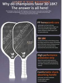 VISPINVO 3D 18K Three-Dimensional Carbon Fiber Pickleball-Paddle, USAPA High Rotational Power, 16MM, Thermoformed, PP Honeycomb Core, Powerful And Excellent Texture And Rotational Control, As Well As Balanced -CFS Pickleball Racket, Extended Anti-Slip Comfortable Grip, Perfect Pickleball Racket Gift, Suitable For Family And Friends, It Includes A Pickleball Bag And 2 Sweat-Absorbing Bands