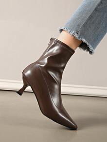 2025秋冬新款女士棕色短靴，高跟，尖头弹力袜靴，保暖内里，猫跟靴，派对靴 - 棕色 - 查看 10