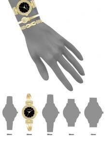 Anne Klein Reloj de pulsera y brazalete con detalles de cristal en tono dorado para mujer con esfera negra brillante. Elegante reloj de pulsera de cuarzo para mujer con brazalete ajustable.