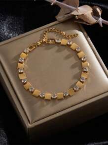 1pc Stainless Steel Sparkles Coffee Bean Design Bracelet, Minimalist Unique Pig Snout Cubic Zirconia Jewelry Accessory