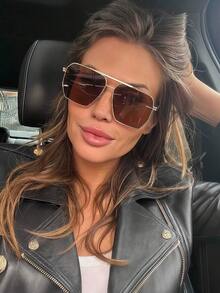 1 件复古不对称多边形金属框飞行员时尚眼镜，时尚高端女士眼镜