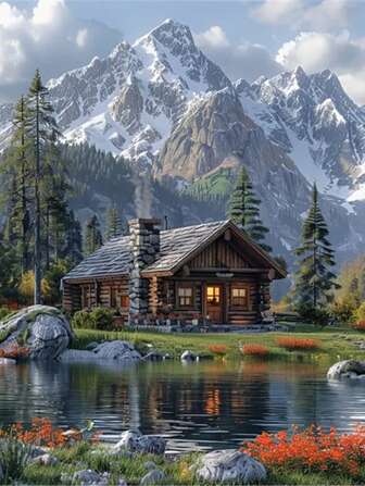1 pieza Pintura de diamantes DIY Paisaje Agua Fluyente Cabaña Decoración del hogar Taladro completo 11.8*15.7in/ 30*40cm