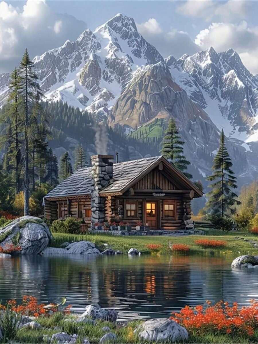1 Stück DIY Diamant Malerei Landschaft mit fließendem Wasser und Cottage, Vollbohrung Heimdekoration 11,8*15,7 Zoll / 30*40 cm - Verschiedenfarbig - Übersicht 1