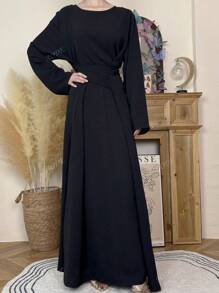 1 pieza Elegante vestido jalabiya casual para mujer en ocasión de Eid, vestido largo de un solo color con nudo para uso informal, de viaje o en vacaciones, primavera/otoño