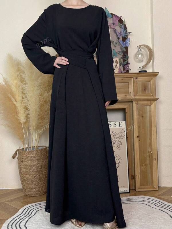 1 pieza Elegante vestido jalabiya casual para mujer en ocasión de Eid, vestido largo de un solo color con nudo para uso informal, de viaje o en vacaciones, primavera/otoño
