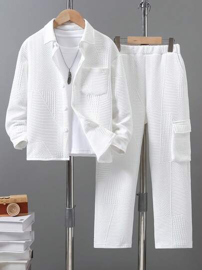 2pcs Boys Velvet Embossed Utility Pocket Pants Set - White: Boys Fashion Letter Embossed Round Neck Long Sleeve Shirt + Long Pants Set, Casual Comfortable Versatile, Suitable For Autumn/Winter Daily And Outdoor Wear