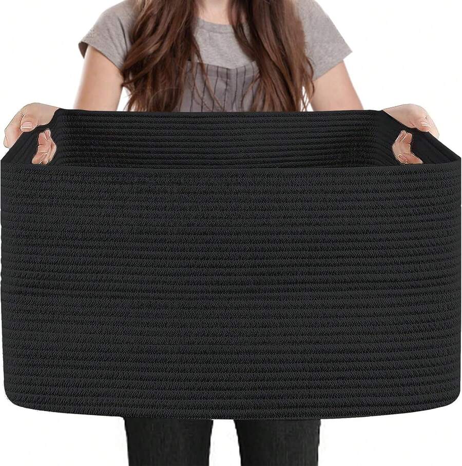 Extra Large Rectangle Storage Basket, 23.6" X 17" X 12" Black Blanket Basket Living Room, Big Cotton Rope Shoe Blanket Storage Bin, Woven Kids Dog Toy Bin Box Organizer, Wicker Laundry Basket - 黑與白 - 查看 1