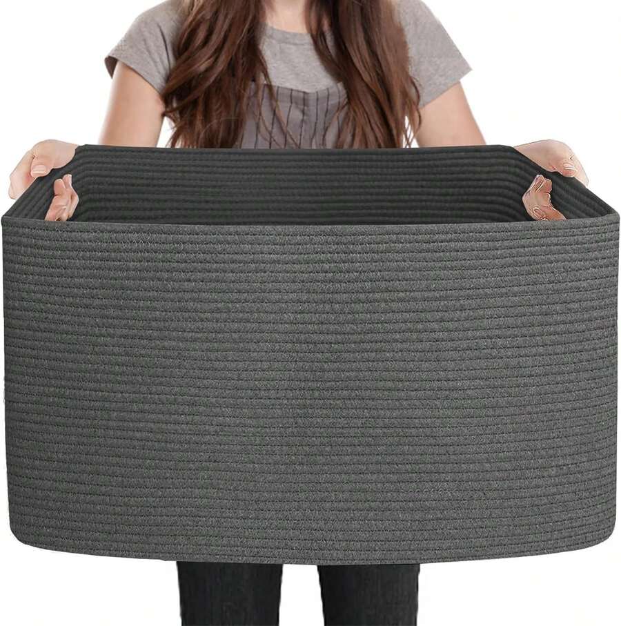 Extra Large Rope Basket, 23.6" X 17" X 12" Rectangle Wicker Baby Laundry Basket, Kids Toy Storage Baskets, Woven Basket For Blankets Clothes Pillows, Laundry Room Organization, Dark Grey - 酒紅色 - 查看 1