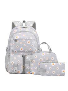 Set 3 buc. rucsac imprimat cu cutie de prânz și penar, design cu compartimente multiple, închidere cu fermoar, căptușeală din poliester, curea de umăr reglabilă, buzunar lateral pentru sticlă de apă, potrivit pentru utilizare zilnică, exterior, călătorii, rucsac din poliester impermeabil și durabil, cadou pentru întoarcerea la școală