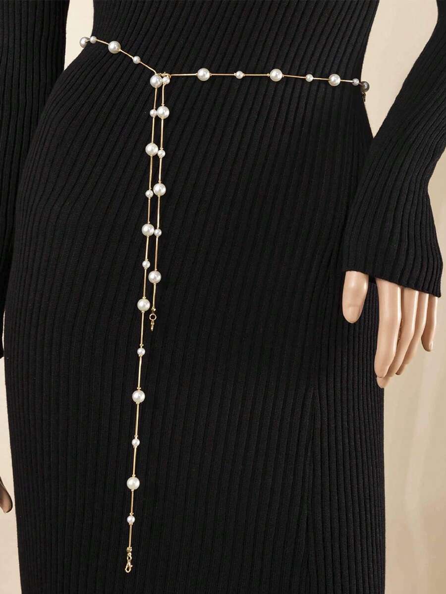 1pc Plain Color Faux Pearl Waist Chain, Fashionable & Versatile Fall, Autumn, Halloween - Gold - View 1