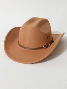 1 件男女通用西部牛仔帽，饰有纯色撞色金属扣细腰带和侧边撕边细节，适合西部主题活动、音乐节、派对、日常穿着，适合所有季节