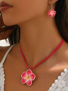 2 Stücke minimalistischer aber süßer Halsketten- und Ohrringe-Set, Farbverlauf Blumen Muster Dopamin Design, modischer eleganter Schmuck