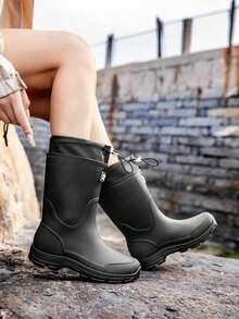Couples Rain Boots, Women Mid-Calf Waterproof Shoes, Men Rain Boots Anti-Slip Water Shoes, Thick Sole Kitchen Fishing Rubber Boots, Elastic Ankle - Black - View 5