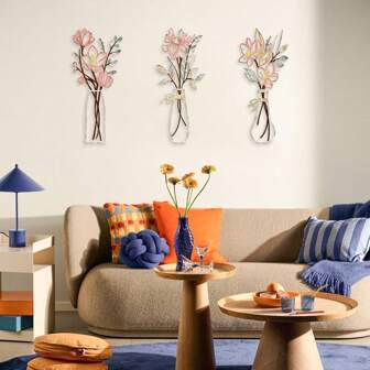 Set de décoration murale florale vintage en métal, œuvre d'art décorative vase suspendu géométrique minimaliste, art métallique décoratif pour la chambre à coucher, la cuisine, le salon, accents de maison rustique, cadeau de pendaison de crémaillère pour le printemps et l'été
