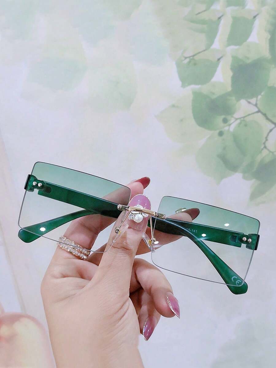 1副女士塑料方形无框渐变色复古铆钉优雅休闲时尚眼镜，适合日常佩戴，学院风，返校季必备，长方形镜框。