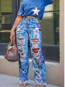 2025 New Women's Fashion Jeans Pants Graffiti Print Hollow Out Tassel Denim Straight Pants Jeans For Lady Women, Women Fall Clothes, Winter Outfits For Women,  Graphics Pants,Jeans Women,Baggy Jeans