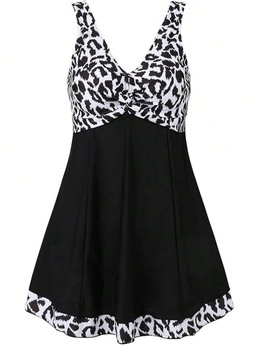 Plus Size Printed Padded High Waist Swimdress For Women - Leopard-monochrome - View 1
