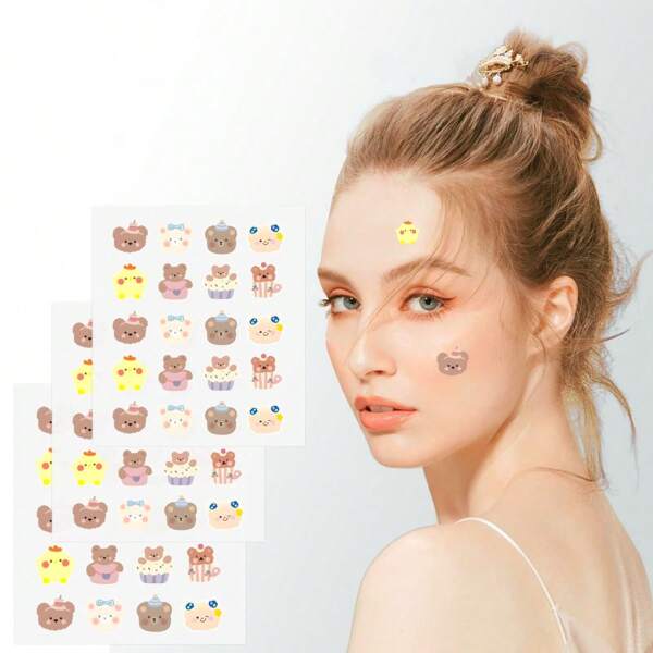 60 Pcs Cute Cake & Bear Face Decoration Stickers, Ultra-Thin, Breathable And Gentle, Suitable For Various Occasions