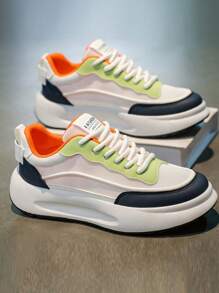Men's Sneakers 2025 Summer New Breathable Mesh Shoes, PU Leather & Mesh Patchwork Thick Sole Shock Absorbing Chunky Sneakers, Classic Style Casual Outdoor Running Sneakers For Youths, Street Fashion Wear, Parties, Holidays, Slip Resistant Odor Resistant Comfortable Shoes For Spring, Summer And Autumn