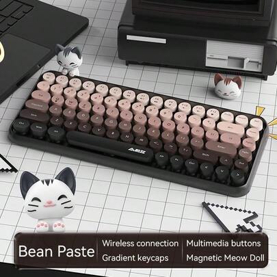 ATTACK SHARK FELICON 308i Kabellose Bluetooth-Tastatur, Retro-Schreibmaschinen-Design mit farbverlaufenden runden Tasten und süßer magnetischer Katzen-Puppe, 84 Tasten, Multifunktions-Tastatur für iPad/Laptop/PC/Windows