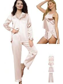 4Pcs Womens Silk Pajama Sets Satin Pajamas Set Sexy Cami Lingerie Pjs Nightwear Silky Pj Loungewear Sleepwearhalloween - 淡腮紅 - 查看 1