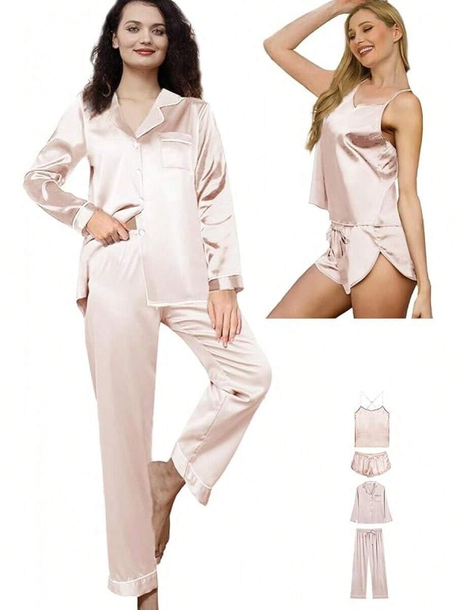 4Pcs Womens Silk Pajama Sets Satin Pajamas Set Sexy Cami Lingerie Pjs Nightwear Silky Pj Loungewear Sleepwearhalloween - 淡腮紅 - 查看 1