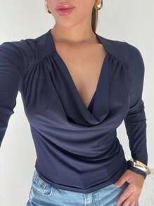 Blusa De Manga Longa Social Luxuosa Inverno  Simples    Drapeado    Noite  Escritório
