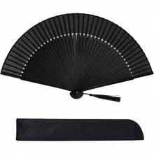 Hand Held Bamboo Silk Folding Fan Chinese Japanese Handheld Fan With Tassel Wooden Charming Elegant Vintage Retro Style For Women Ladys Girls Dance Party Home Decorations Black - 黑色 - 查看 1