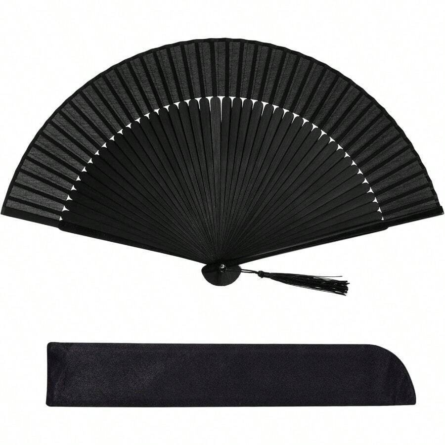 Hand Held Bamboo Silk Folding Fan Chinese Japanese Handheld Fan With Tassel Wooden Charming Elegant Vintage Retro Style For Women Ladys Girls Dance Party Home Decorations Black - 黑色 - 查看 1