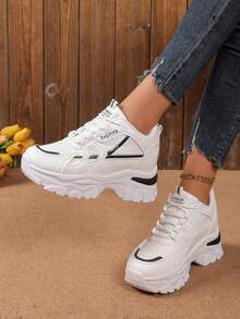 女式厚底运动鞋，2025年新款流行厚底休闲运动鞋，透气舒适，秋季 - 黑與白 - 查看 5