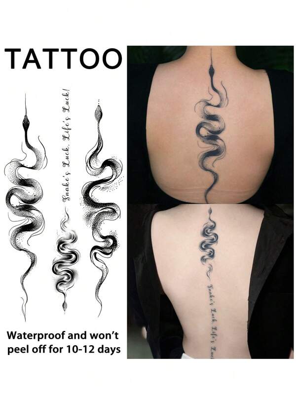 1Pc Spine Fake Tattoo Temporary Tattoos Semi Permanent Tattoo Snake Waterproof Sweatproof Last For 1-2 Weeks Realistic Herbal Juice Anti-Friction Non-Reflective Black For Woman And Men Tattoo Stickers For Arm, Chest, Leg, Abdomen, Waist, Finger, Neck, Spine, Modernist Body Art