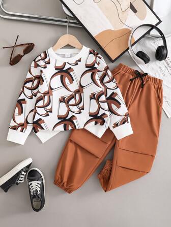 幼儿字母印花圆领运动衫和梭织裤套装