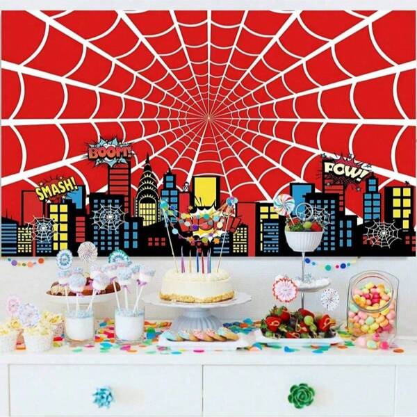 1 pièce Bannière de décor de fête de toile d'araignée rouge, fond de photographie de paysage urbain de superhéros de bande dessinée, convient pour la décoration de fête d'anniversaire, la décoration de table de gâteau, les accessoires de cabine photo, polyvalent, multi-tailles.