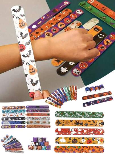 12pcs Halloween Slap Bracelets, Party Favors, Suitable For Party Decoration, Flower Wreath Decor, Hat Decor, Photo Props