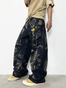 1 Stück Herren Retro Amerikanischer High Street Zebra Gestreift Verwaschen Weites Bein Jeans, Bequeme Lässige Weite Denimhose, Grunge